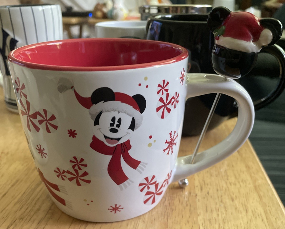 Disney Christmas Mickey Mouse Santa Hat Mug w/ Mickey Stir Stick Peppermint